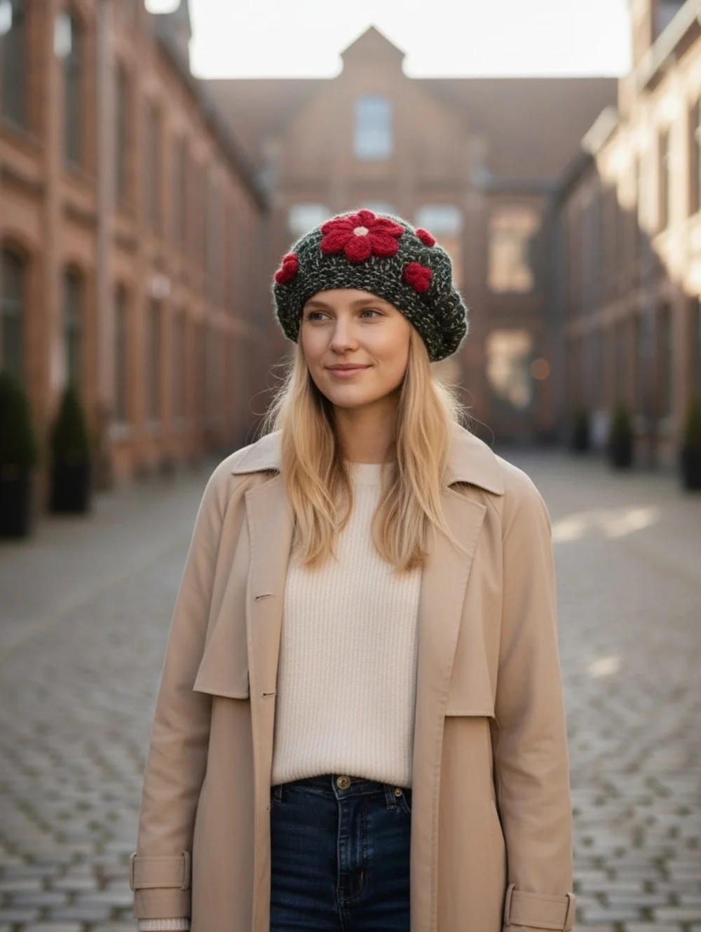 San Diego Hat‎ Company Olive Green Beret with Red Flower Accents One Size